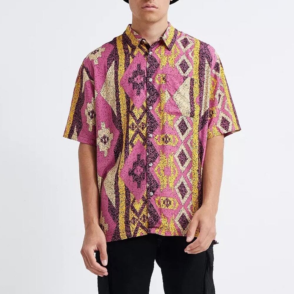 UO Diamond Stripe Aztec Southwestern Neon Short-Sleeve Rayon Shirt